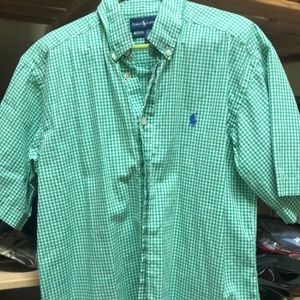 Excellent ,Boys Ralph Lauren green and white checked button down medium 12-14.